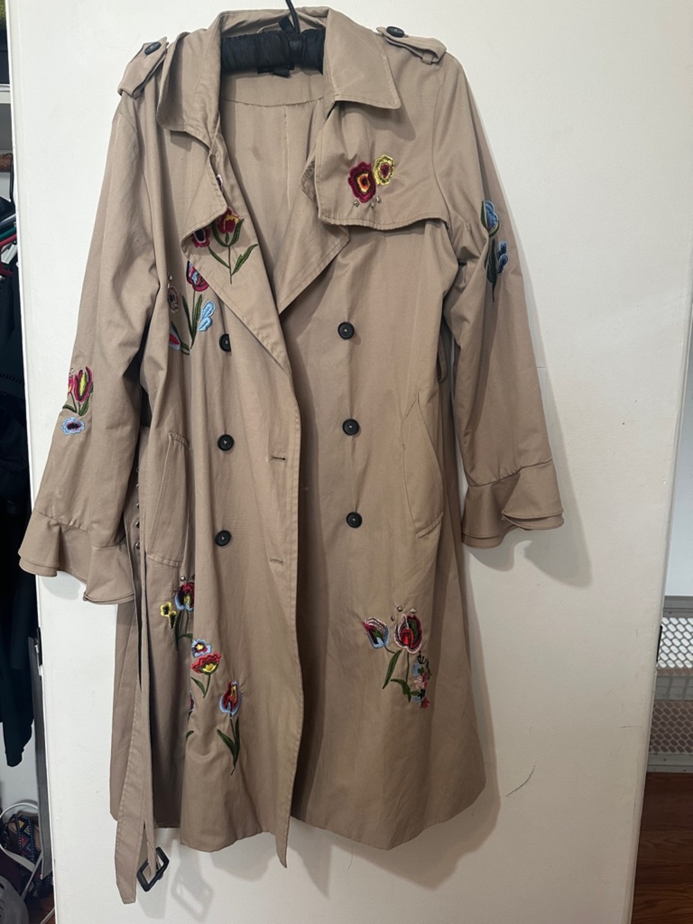 Embroidered Beige Trench Coat - Women's Floral Double-Breasted Trench